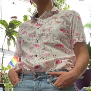 Flamingo White and Pink Button Up